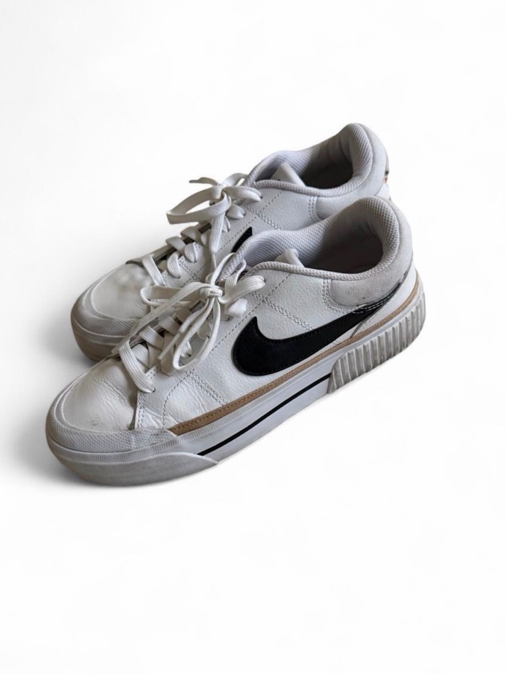 Nike Women's White Leather Low-Top Sneakers with Black Swoosh and Tan Accent